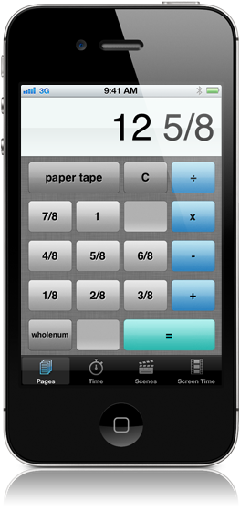 Screenshot of script supervisor's calculator showing the pages calculating mode.