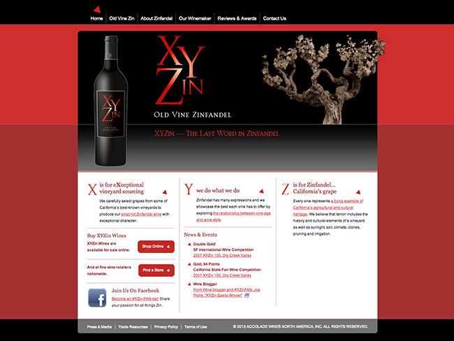 Screenshot of XYZin Wines home page
